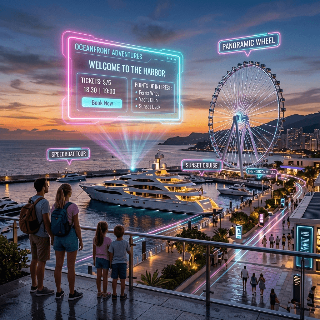 Turistas visualizando interface holográfica de IA sobre a roda gigante e iates