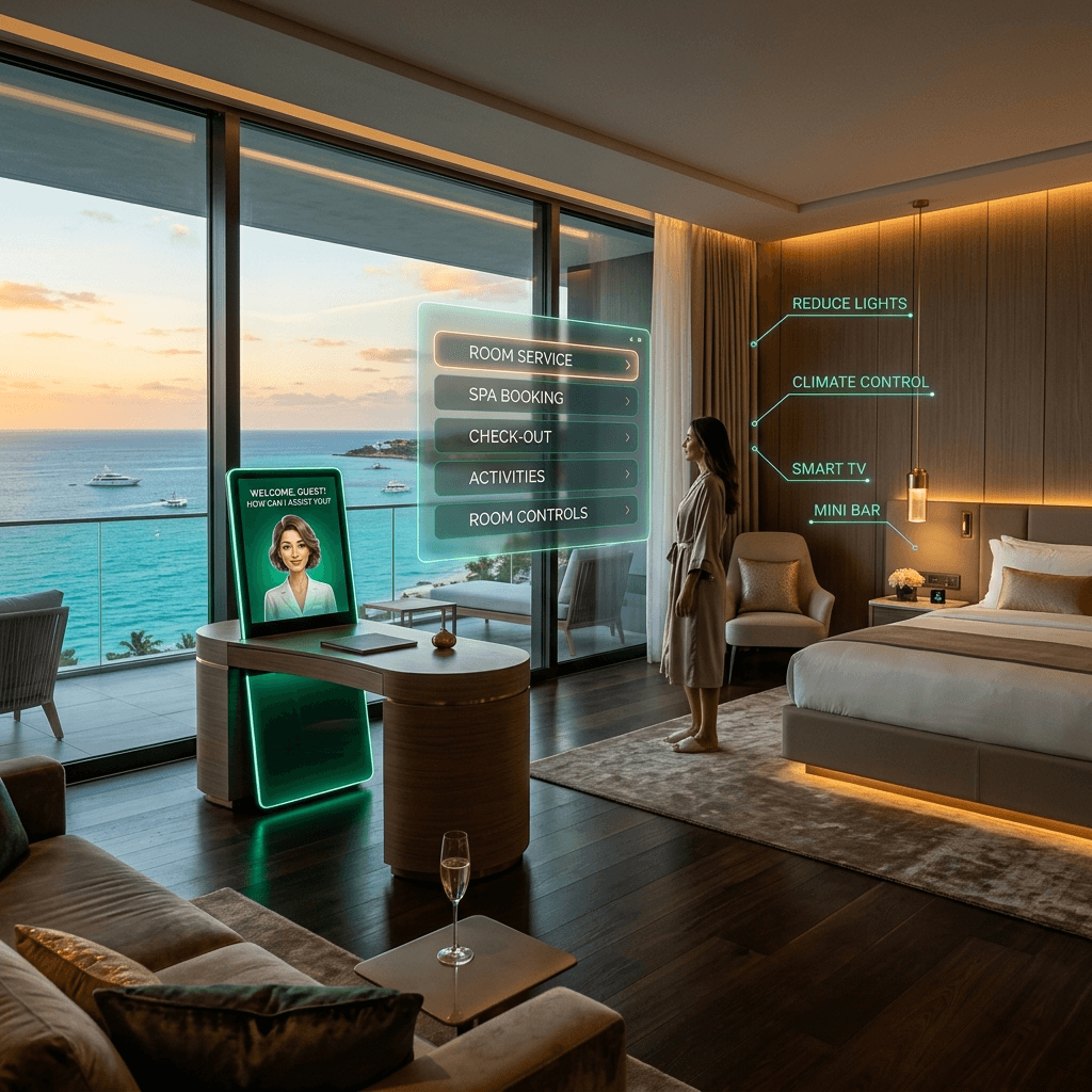 Suíte luxuosa de hotel com interface holográfica do concierge da Inteligência Artificial