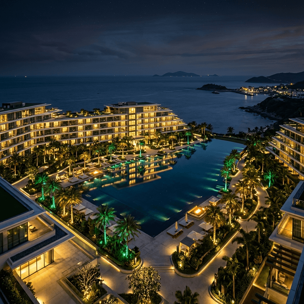 Vista panorâmica de um resort de luxo à noite