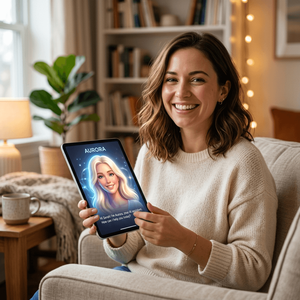 Usuário sorrindo com tablet mostrando avatar Aurora