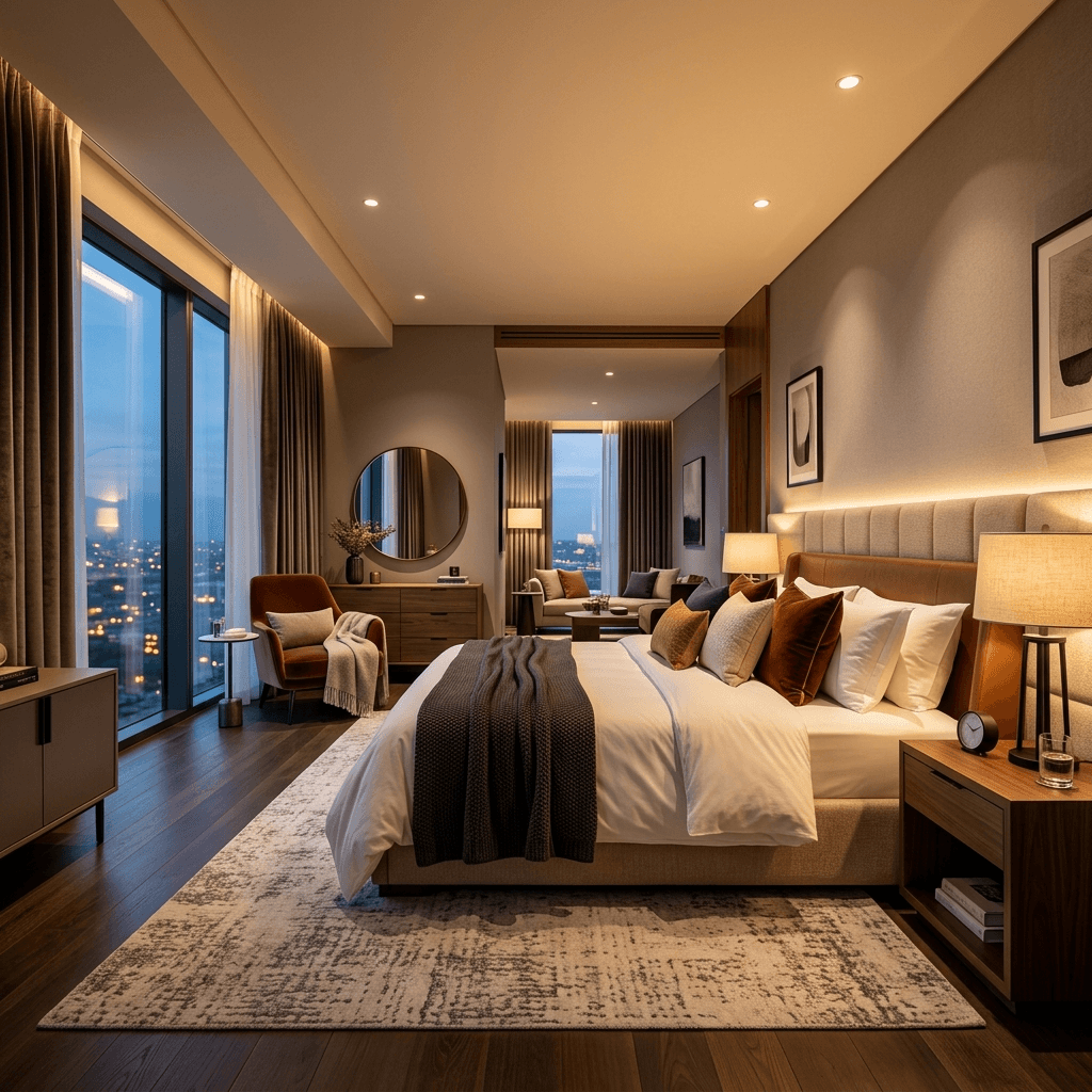 Quarto de hotel luxuoso e confortável