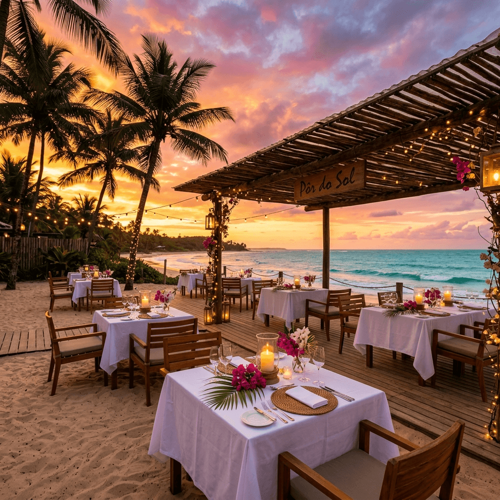 Restaurante à beira-mar ao pôr do sol